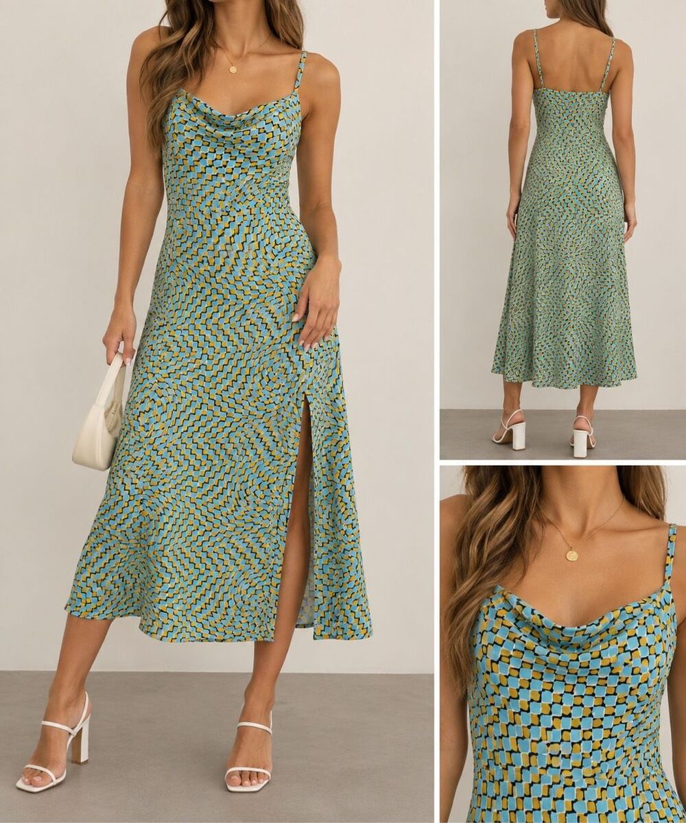 Commense Dress Large Blue Mustard Optical Print Strappy Midi Y2K